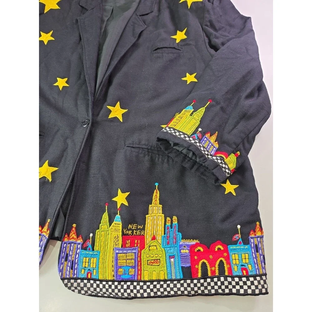 Vintage Womens Anage City Scape New Yorker Blazer Jacket 2X Embroidered Stars